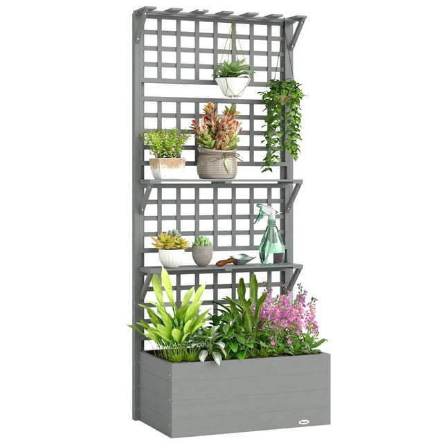 Outsunny Jardinière Surélevée avec Treillis et Étagères de Rangement, Gris