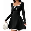 thumbnail image 3 of Fall Long Sleeve Mini Dress Lace U Neckline Tie A Line Cute Casual Short Party Dresses for Women Black S, 3 of 9