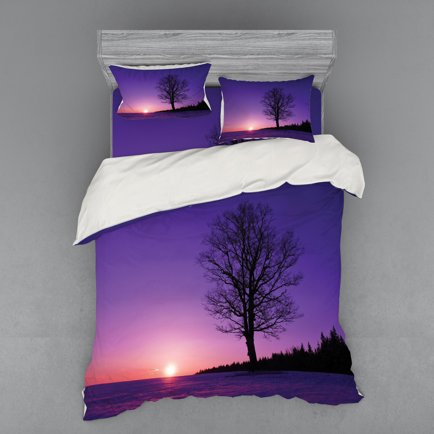 Tree Duvet Cover Set, Oak Tree at Sunset Snowy Field Wintertime Nature