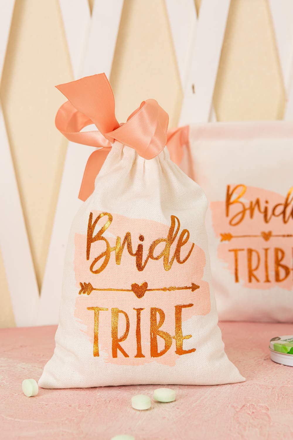 FOONEA 10pcs 5x7 Gold Foil Bride Tribe Bridesmaid Gift Bags with Pink Watercolor Cotton Muslin Drawstring Bags for Bridal Shower Bachelorette Party Hangover Kit Hangovers Bag 
