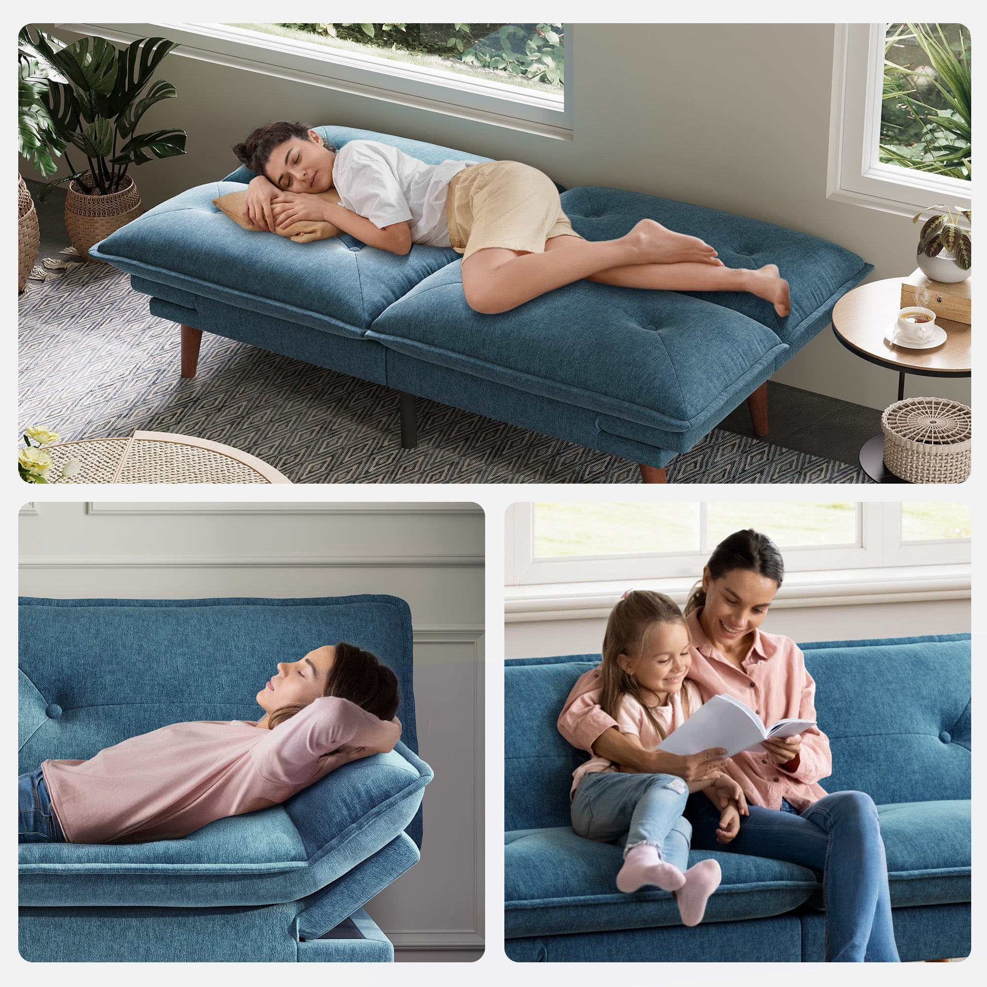 LINSY HOME Futon Sofa, Modern Sofa  Bed with Adjustable Armrests for Small Place and Apartment, Blue