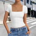 thumbnail image 4 of Htigea Women's Square Neck Crop Tops Short Sleeve Slim Fitted Summer Basic T Shirts for Going Out White M, 4 of 6