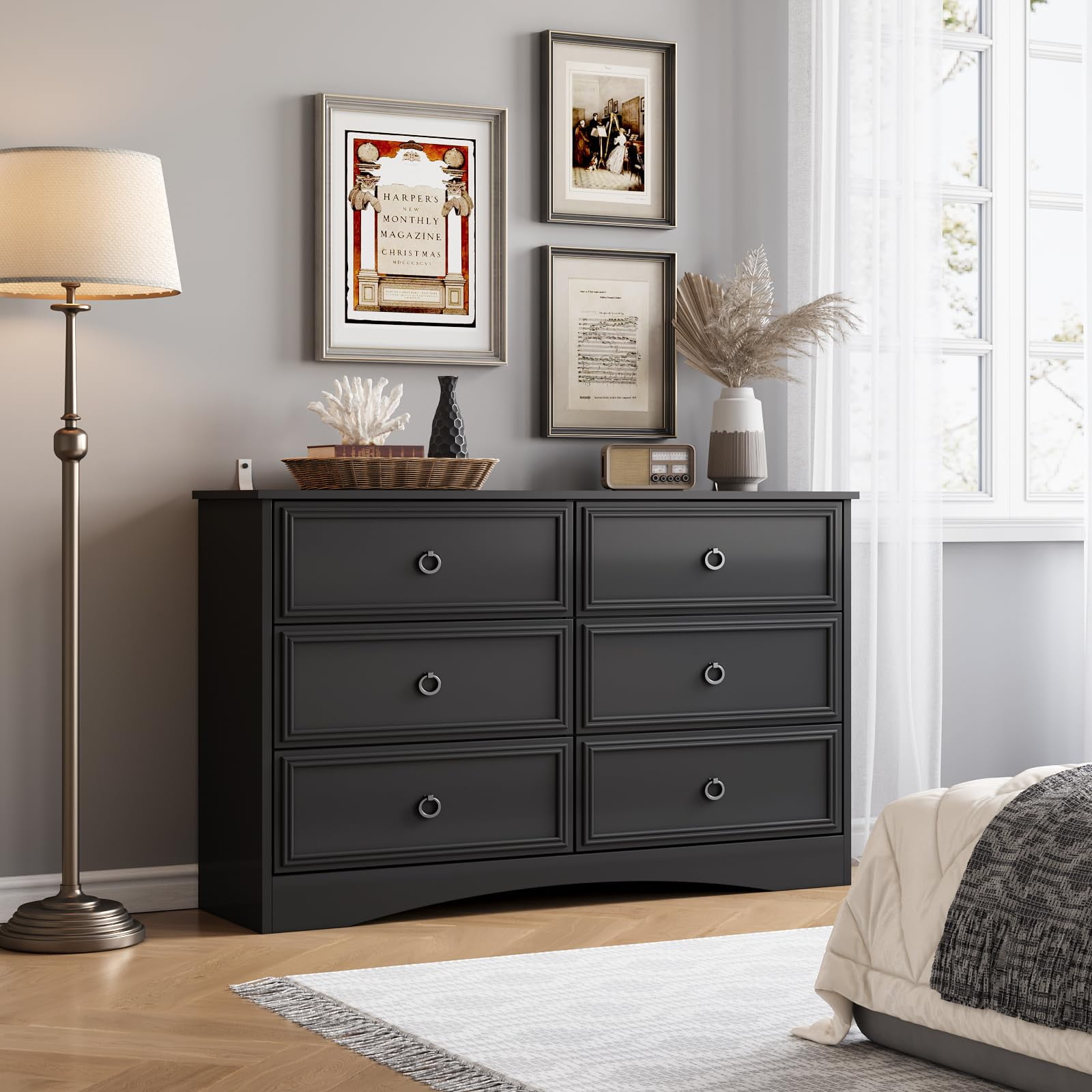 Gray 6 Drawer Dresser for Bedroom, Wide Chest Of Drawers Wood Storage Cabinet for Living Room