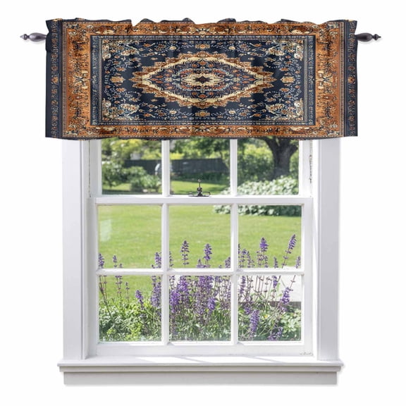 Blue Burnt Orange Boho Kitchen Curtain Valances for Windows Farmhouse Short Curtains, Antique Southwestern Tribal Rod Pocket Valance Curtain for Bedroom Cafe Living Room 54"x18"