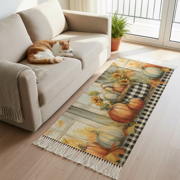 Shabby Chic Old Farm Harvest Boho Hallway Runner Rug 2x6ft, Kitchen Runner Rug Tassel Rugs, Retro Pumpkin Sunflower Area Rugs Floor Carpet for Living Room Bedroom Entryway