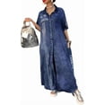 thumbnail image 4 of Women's Loose Casual Button Down Denim Shirt Dress Letter Print Short Sleeve Jean Maxi Dress with Pockets, 4 of 6