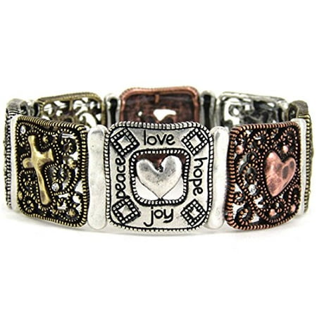 Womens Peace Bracelet - Love Peace Joy Hope Christian Stretch Bracelet Cross Heart