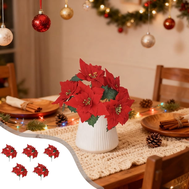 Christmas Poinsettia Floral Bouquet Artificial Flower Stems with 5 Fork Design Realistic Plastic Greenery for Home Holiday Table Centerpiece Wedding Party Decorations