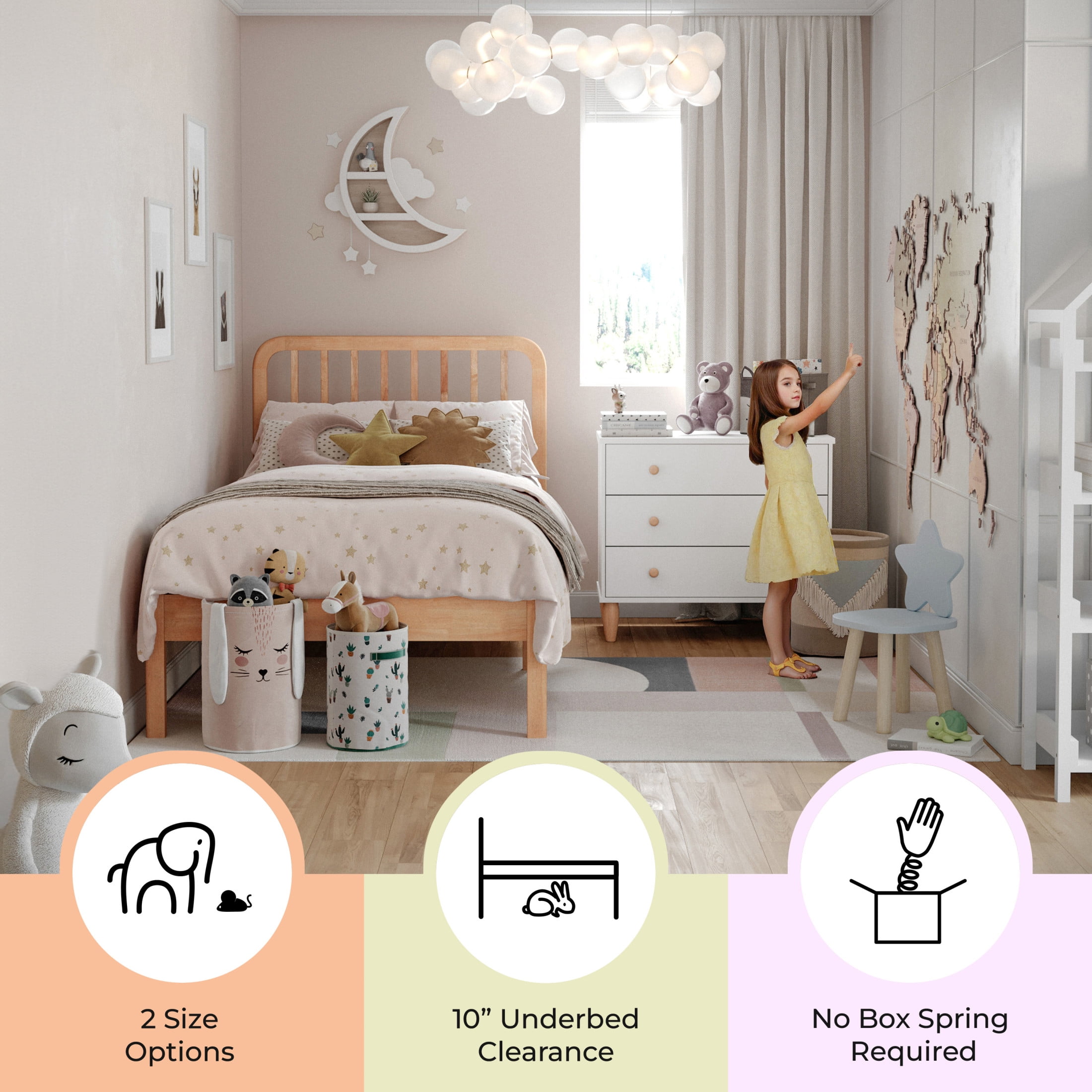 Buzz & Bloom Kids Twin-Size Platform Bed with Rectangular Wood Slat Headboard, Natural
