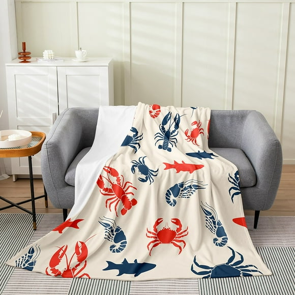 YST Sea Animal Blanket Throw 50x60 Inch Crab Lobster Throw Blanket For Teens Boys Shark Fish Prawn Retro Background Fleece Blanket Blue Red Ocean Life Flannel Blanket