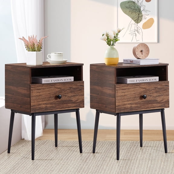 VECELO Set of 2 Nightstand with Drawer and Shelf, Modern Square Side End Table for Bedroom/Living Room/Office, Ruatic Brown