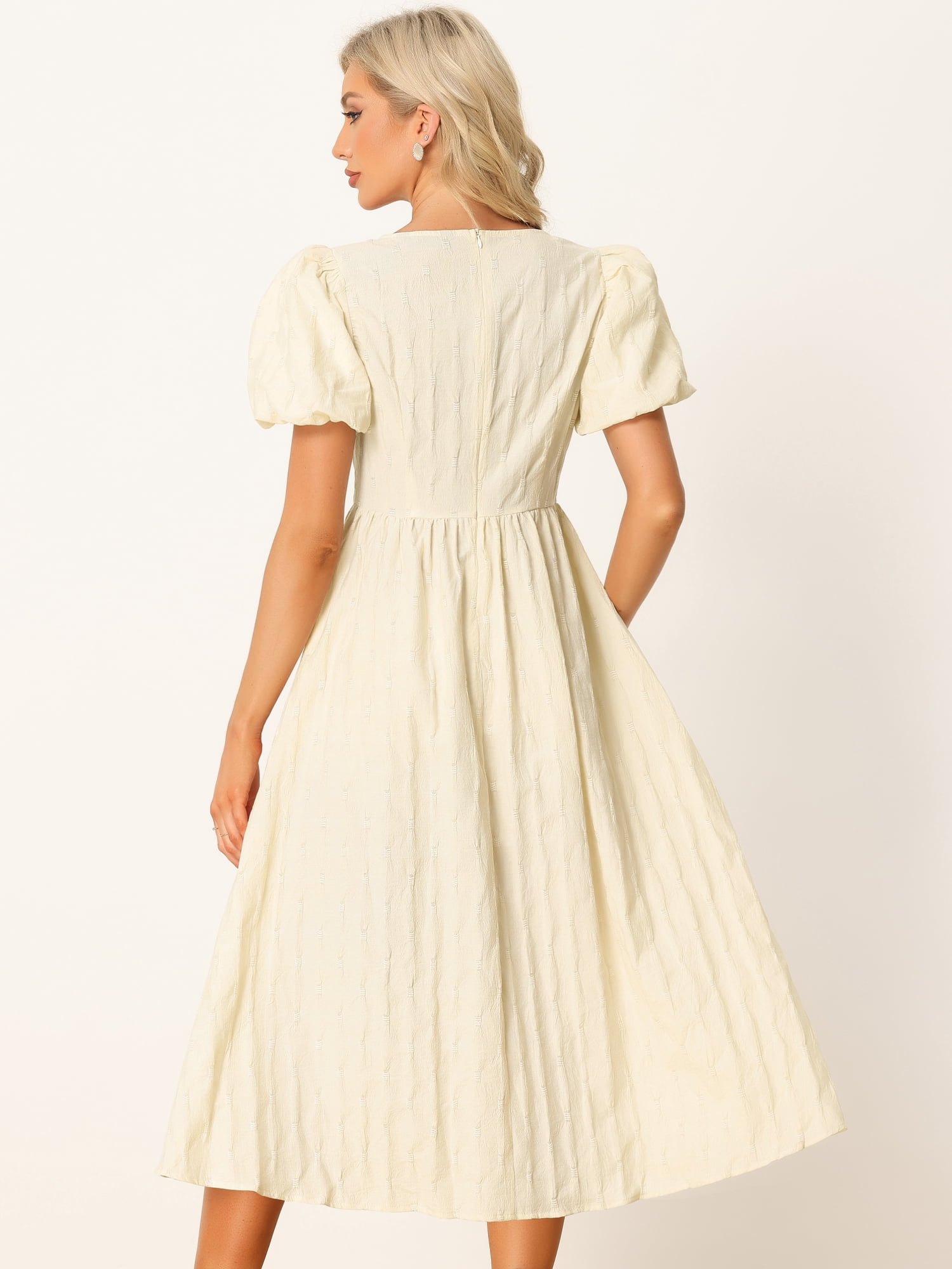 Unique Bargains Women's Puff Sleeve Textured Fit and Flare Dresses M Beige