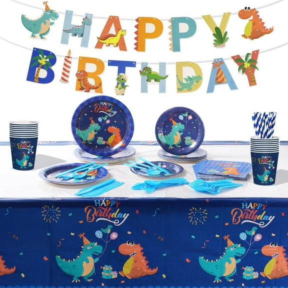 130PCS Dinosaur Birthday Party Supplies, Dinosaur Themed Birthday Party Decor for Boys Girls, Including Plates, Cups, Napkins, Tableware, Tablecloth, Banners Serves 16