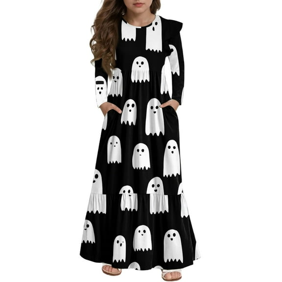 Abcomgle Girls Halloween Dresses 7-8 Cute A-Line Ruffle Long Sleeve T Shirt Dresses for Girls Funny Boo Ghost Graphic Dress Clothes for Girls Tiered Holiday Swing Dresses for Girls,4-5 Years