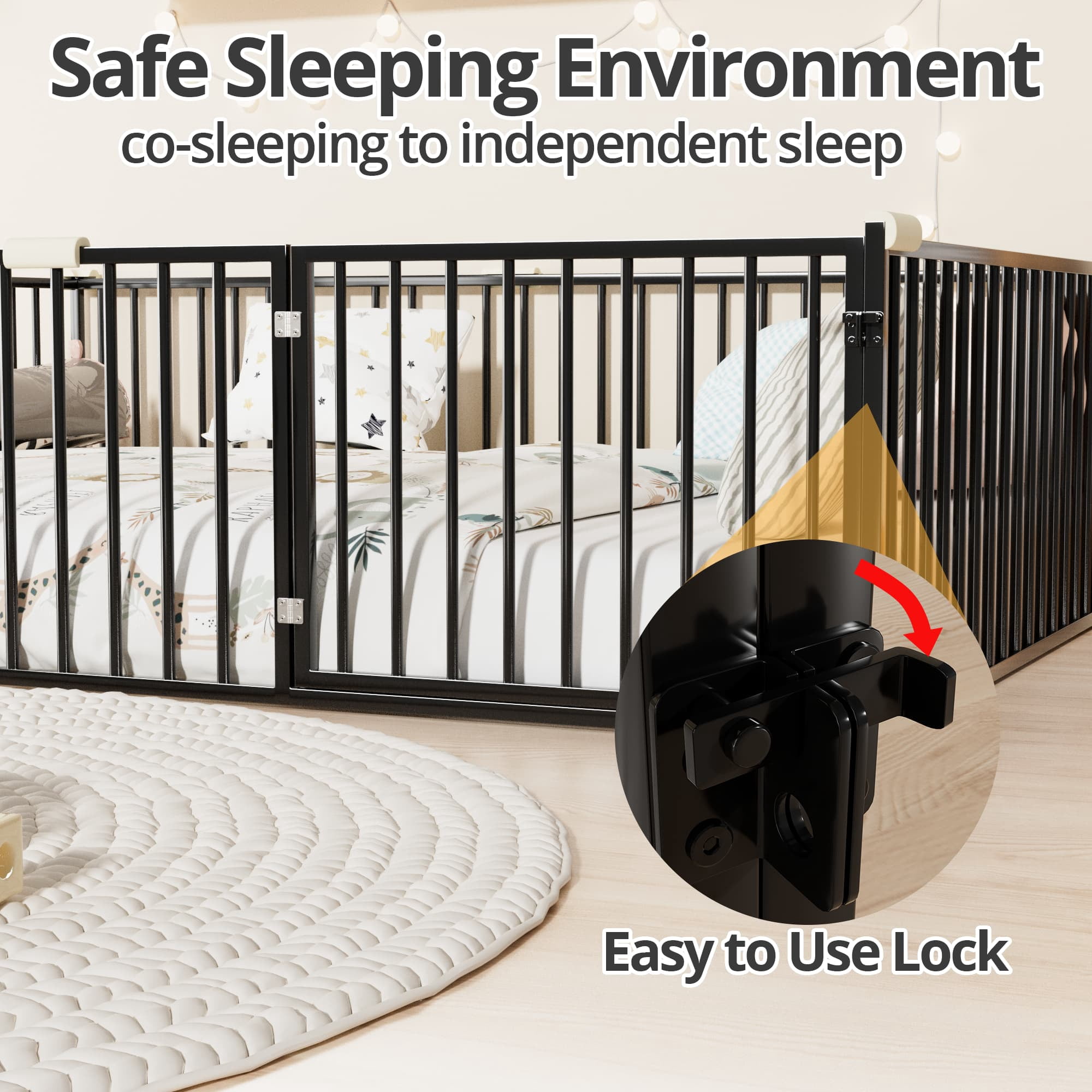 Queen Size Montessori Floor Bed with Safety Fence and Door, Metal Floor Bed Frame with Rails, Minimalist Versatile Floor Bed for Children Bedroom, Toddlers, Boys Girls, Kids Playroom, Black