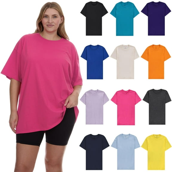 SOCKS'NBULK 12 Pack Womens Oversized Cotton Blend T-Shirts, Crew Neck Short Sleeve Baggy Loose Tops Oversize Tees Color Assorted, Size 3X-Large