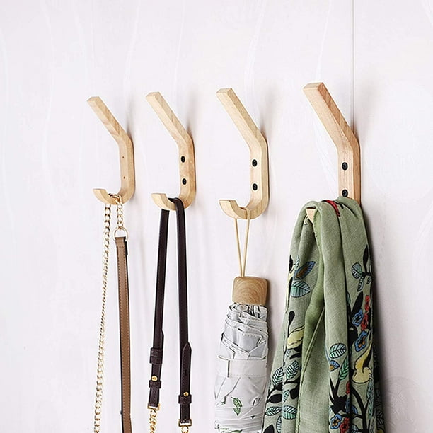 Pack of 4 Wooden Wall Hooks, Decorative Natural Wood Coat Hanger ...