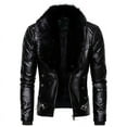 thumbnail image 1 of Chaqueta de cuero de motocicleta resistente al viento gruesa de algodón con remaches y cuello de piel desmontable estilo punk para hombre, 1 of 5