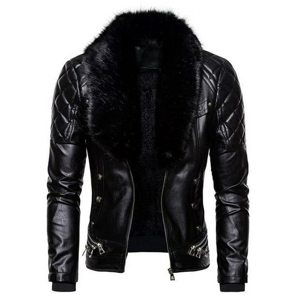 Chaqueta de cuero de motocicleta resistente al viento gruesa de algodón con remaches y cuello de piel desmontable estilo punk para hombre