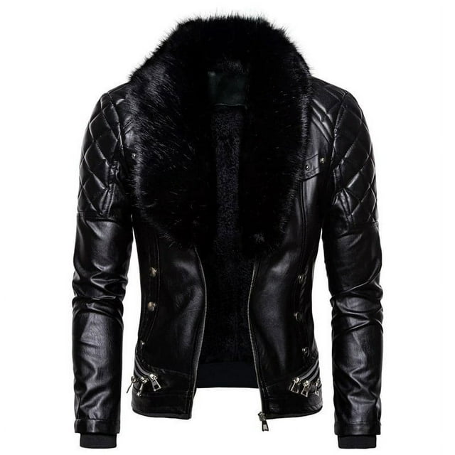 Chaqueta de cuero de motocicleta resistente al viento gruesa de algodón con remaches y cuello de piel desmontable estilo punk para hombre