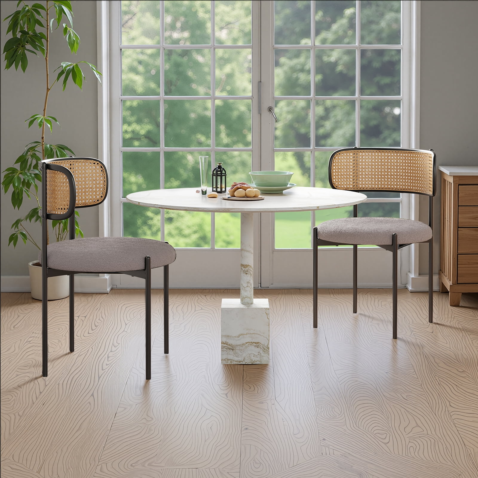 MAYEERTY 4-Pack Light Gray Modern Upholstered Dining Chairs, Rattan Back, Metal Legs, Kitchen Accent