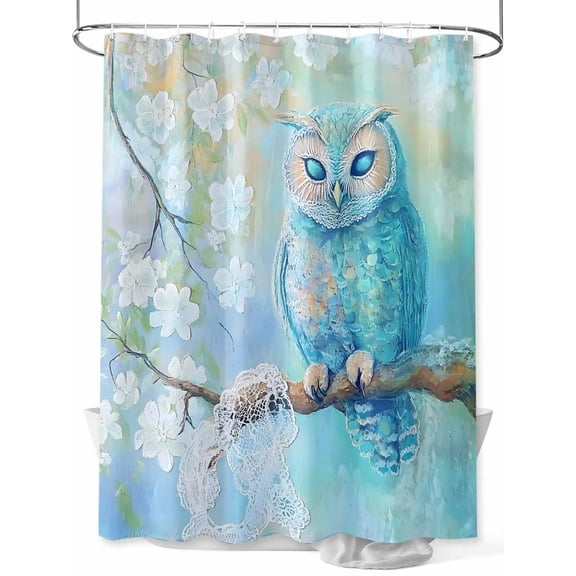 Fsddascl Teal Blue Owl Shower Curtain Set - Small 36" x 72" Washable Bathtub Curtain with 12 Hooks, Modern Flowers Birds on Branch Waterproof Fabric Stall Shower Curtains for Bathroom/Bathtub Décor