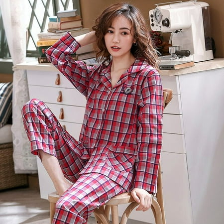 

CoCopeaunt spring and autumn new pajamas ladies long-sleeved trousers cardigan plaid sweet and fresh home service womens pajamas set