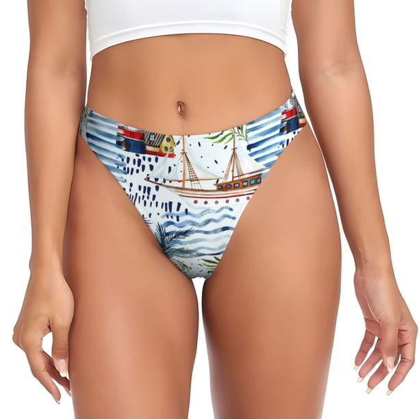 Balery Watercolor Sailboat Tangas de Algodón para Mujer con Estampado – Ropa Interior Sexy, Transpirable, G-string-Medium