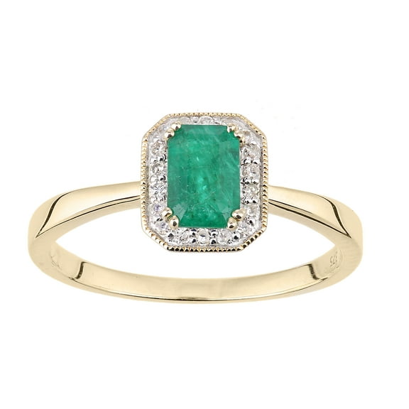 9ct Gold Jewelco London Diamond Octagon Emerald Octagon Mill Grain Halo Ring