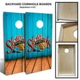 thumbnail image 2 of Slick Woody's Backyard Heritage Logo Angled Wood Cornhole Board Set in Blue, 2 of 2
