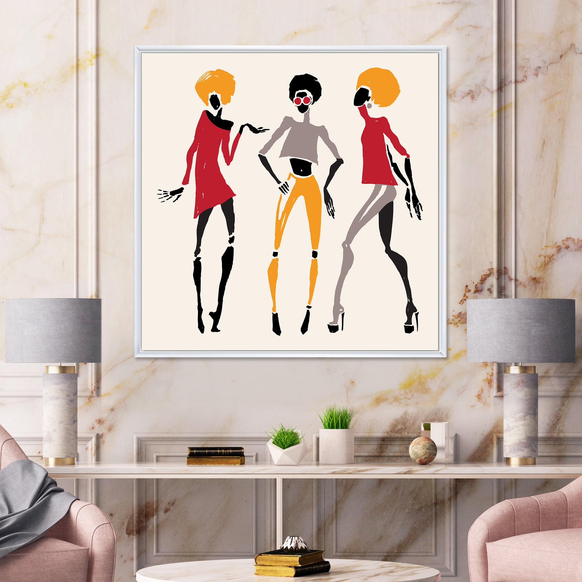 Designart 'African American Women Silhouettes Red and Yellow I' Modern Framed Canvas Wall Art Print