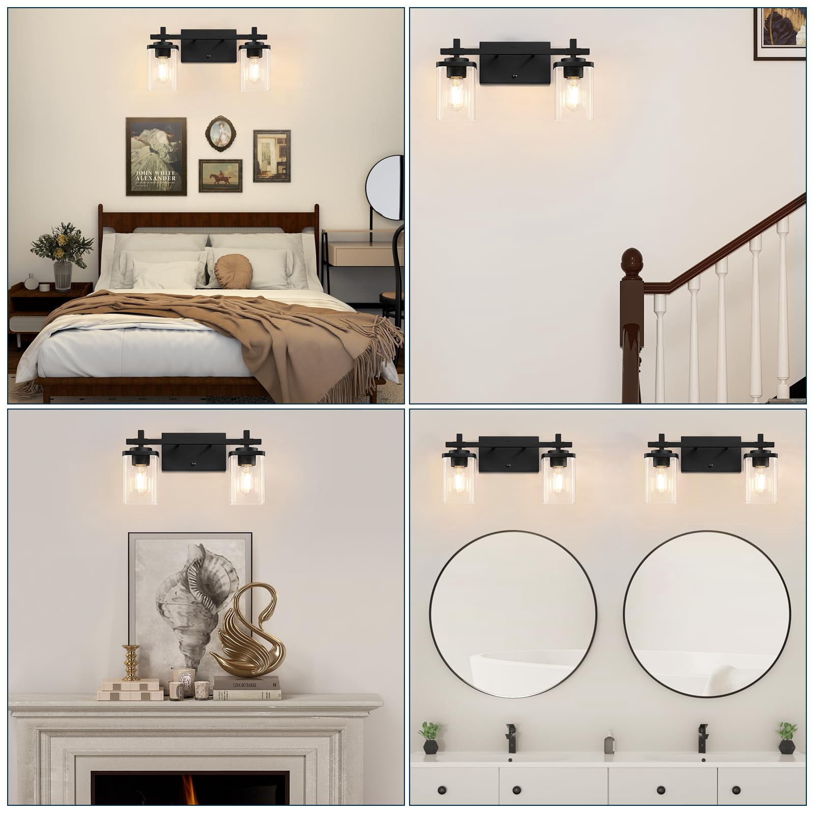 2-lights Bathroom Vanity Lights  Matte Black Light Fixtures Over Mirror Modern Wall Sconces With Clear Glass Shade Fixture For Bedroom Hallway Living Room
