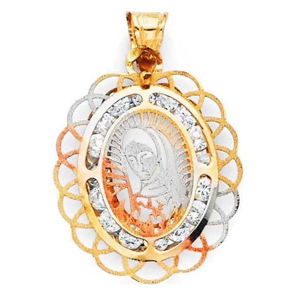 Solid 14K Yellow White Rose Gold Religious Guadalupe Virgin Mary Charm Pendant with CZ Cubic Zirconia Accent (30x15 mm)
