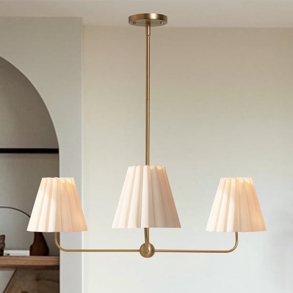 Classic Brass Chandelier with White Linen Shade, 36 Inch Chandelier, Unique Elegant Ceiling Mounted Light, Ceiling Light over Kitchen Island, for Living Room, Dining Room