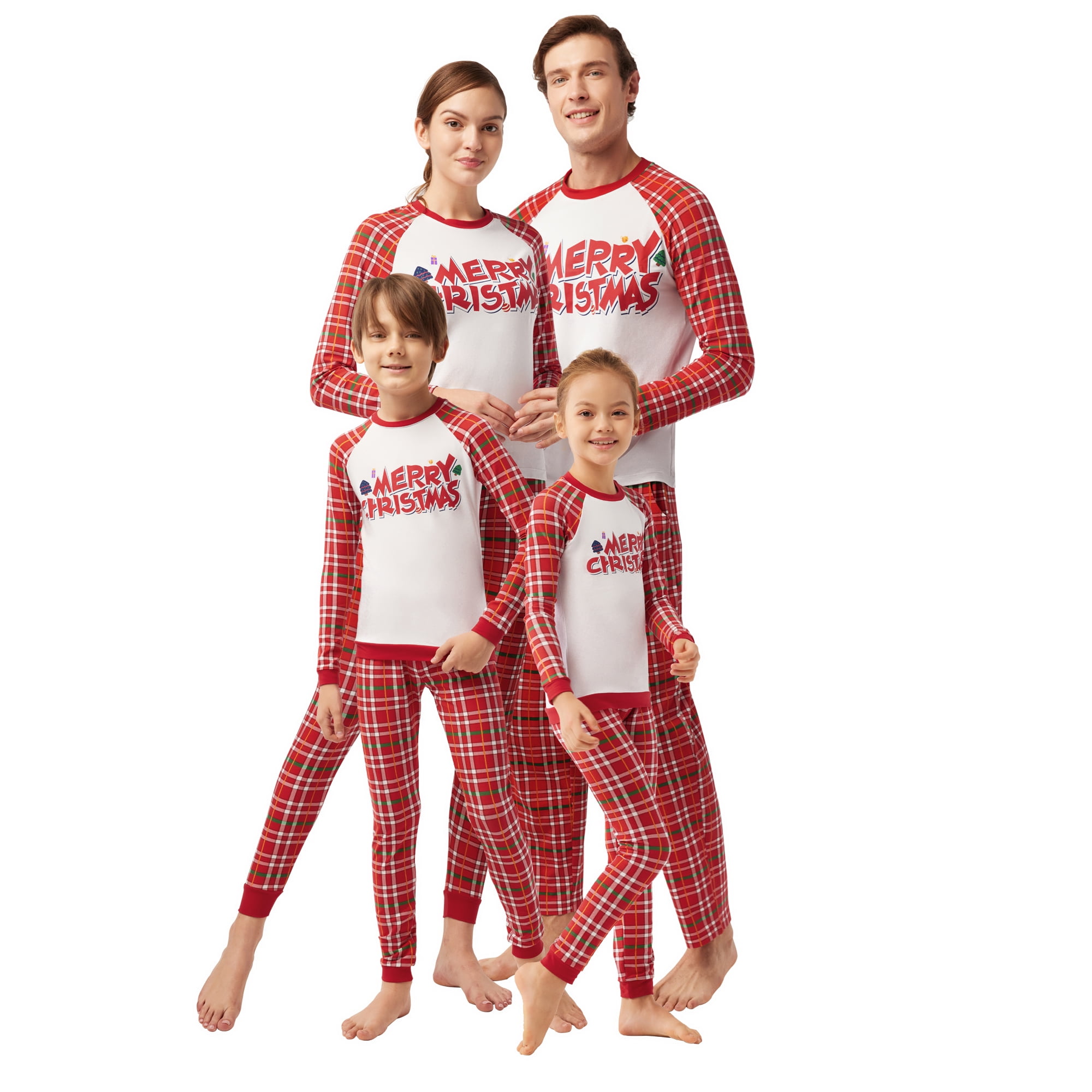SIORO Matching Family Christmas Pajamas Set PJ's Sleepwear Letter Printed  Top with Plaid Bottom Kids, Red and white plaid, 13-14 Years