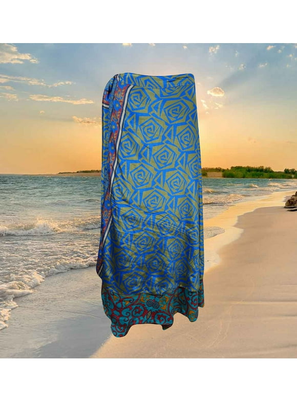 Womens Magic Maxi Wrap Skirt, Floral Double Layers Blue Wrap Skirts, Recycled Sari Wrap Skirt, One size