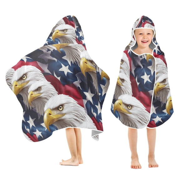 Yayeee Kids Hooded Towel with Hand Pockets Beach Soft Absorbent Bath Wrap 50 x 23.5 inch, American Eagle Pattern