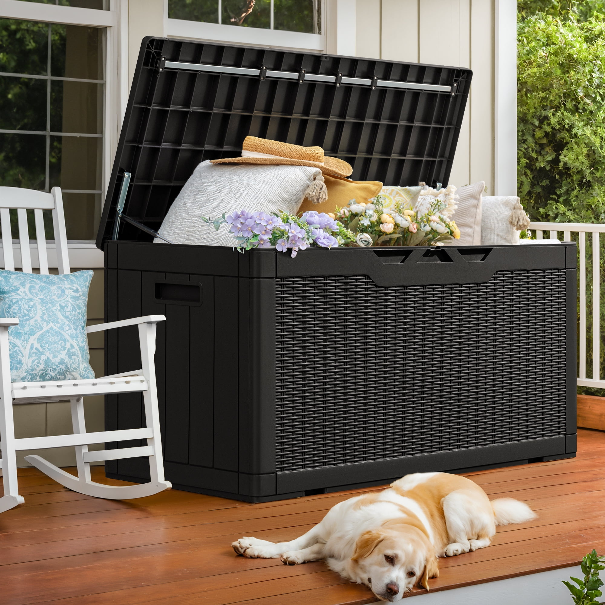 Vineego Modern Outdoor Lockable 100 Gallon Resin & Plastic Deck Box, Black