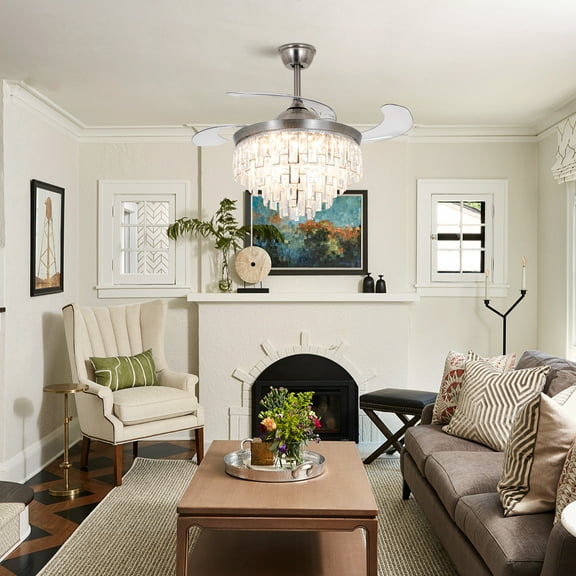 42" Dimmable Crystal Fandelier Ceiling Fan with Remote,Retractable Invisible Blades Fandeliers Modern Chandelier Ceiling Fan for Dining Room Bedroom Living Room