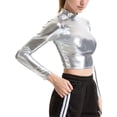 thumbnail image 2 of Woman Glossy Metallic Liquid Crop Top with Long Sleeves and Tortuous Collar Tank top Clubwear, 2 of 5
