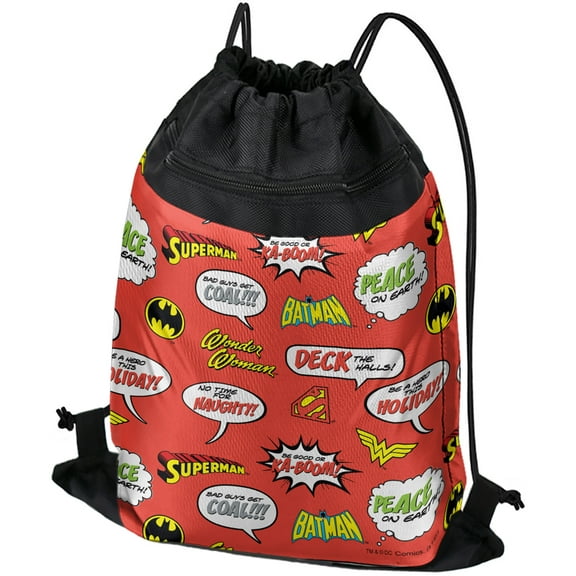 Justice League Holiday Speech Bubbles Pattern Drawstring Backpack Sports Bag Sackpack 17" x 13", Perfect for Gym, Yoga or Practice