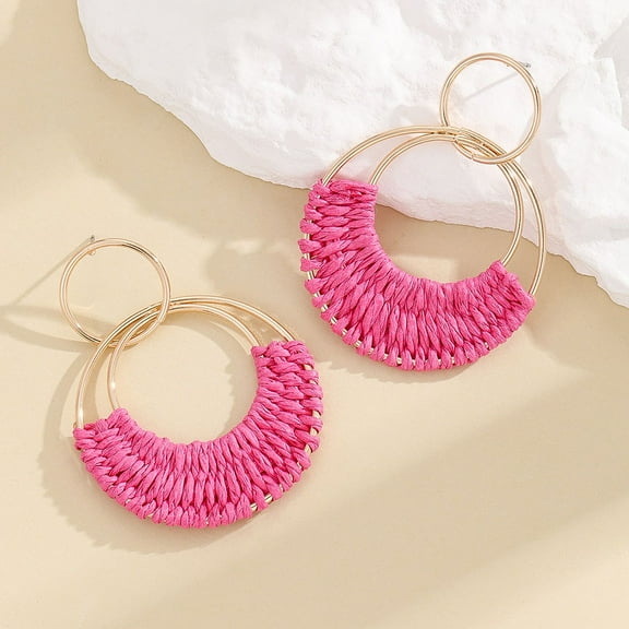 Tineasur Beach Statement Earrings 1 Pair Raffia Hoop Earrings Rosy Oval Metal For Women