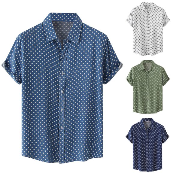 Mens Shirts Short Sleeve Polka Dot Daily Lapel Casual Summer Shirt Blue L