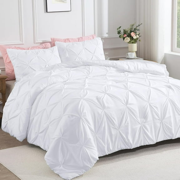 White Queen Comforter Set(90x90Inch), 3 Pieces Cute Pinch Pleat Bedding Comforters & Sets for Queen Bed, Soft Lightweight Fluffy Down Alternative All Season Bed Set