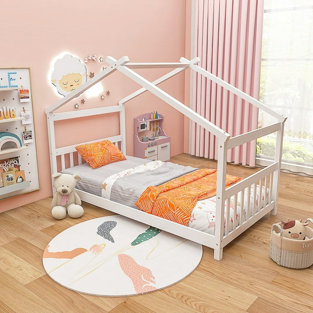 Costway Twin Size House Bed with Roof Wooden Low Floor Bed No Box