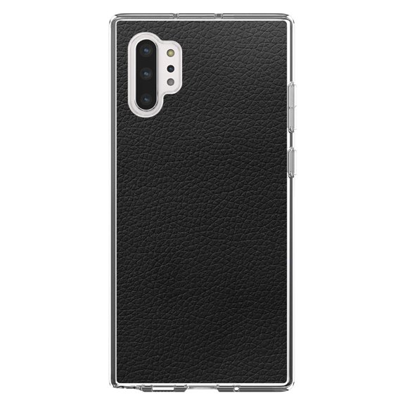 DistinctInk Clear Shockproof Hybrid Case for Galaxy Note 10 PLUS (6.8" Screen) - TPU Bumper, Acrylic Back, Tempered Glass Screen Protector - Black Faux Leather Print Design - Printed Leather Image