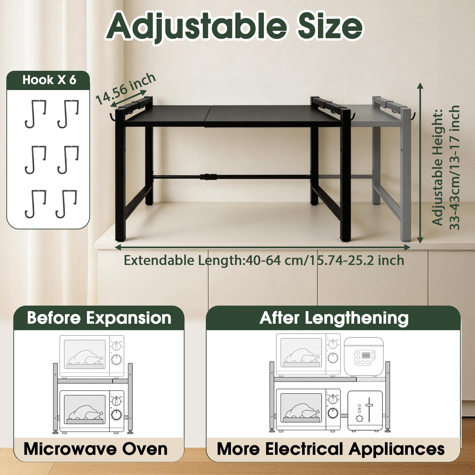 Microwave Oven Rack, Expandable Metal Kitchen Countertop Storage Shelf with 6 Hooks, Counter Organizer for Small Kitchen Appliances, Microwave Oven Storage Rack for kitchens Bathrooms Offices
