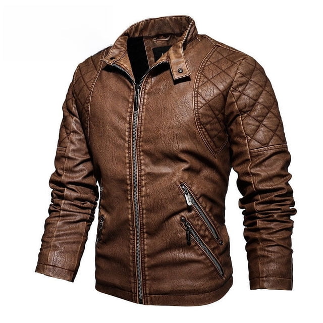 Chaqueta de cuero PU de cuello delgado para motocicleta de otoño e invierno para hombre, además de abrigo cálido de terciopelo vintage para hombre