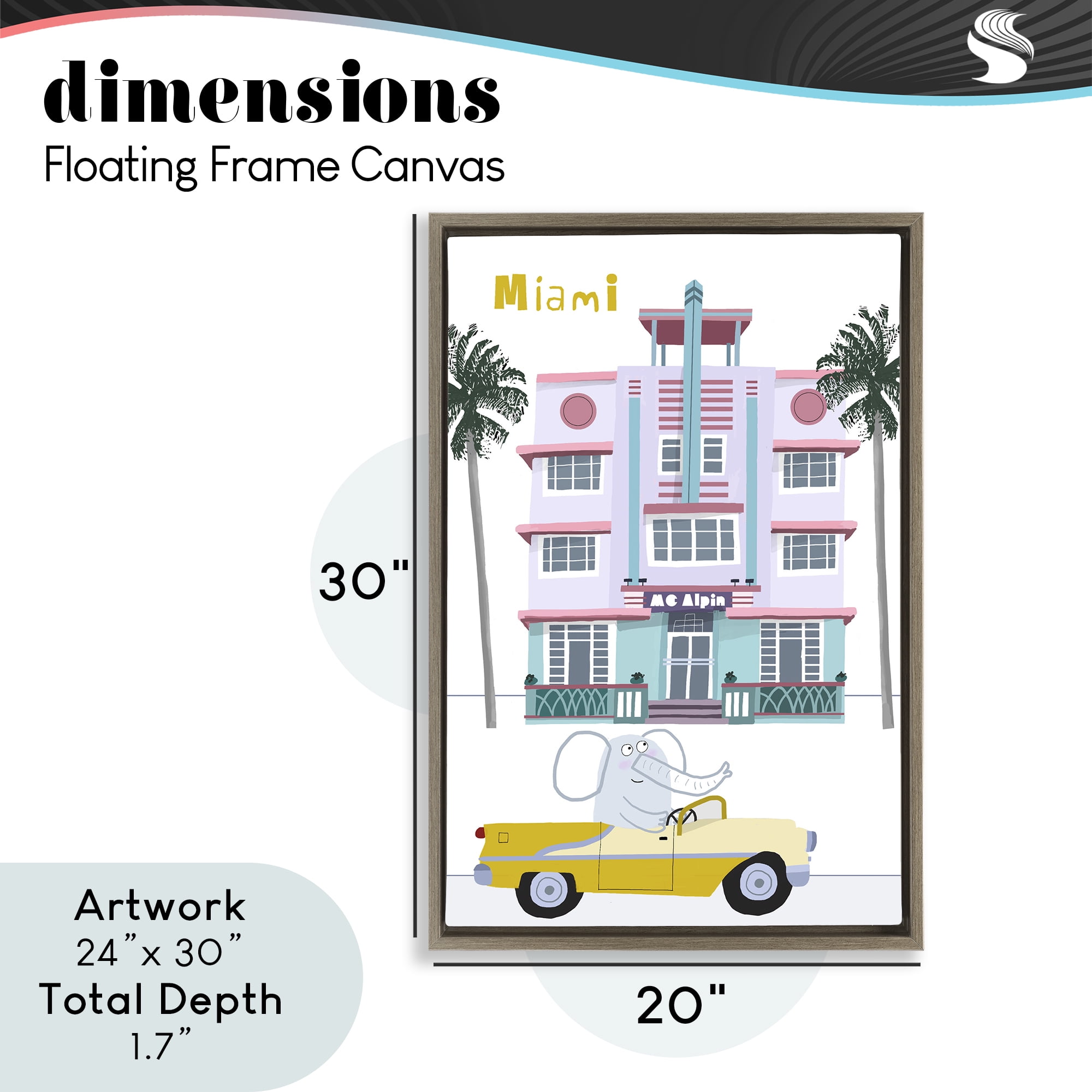 Elephant & Miami Hotel Brown Framed Floater Canvas Wall Art, design by Carla Daly
