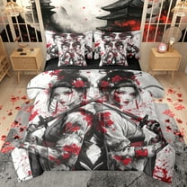 Feelyou Ancient Tokyo Geisha Twin Bedding Sets 7-Piece, Red Cherry Blossoms Bedding Comforter Set, Japanese Anime Style Reversible Sheet Sets, Lightweight Room Decor